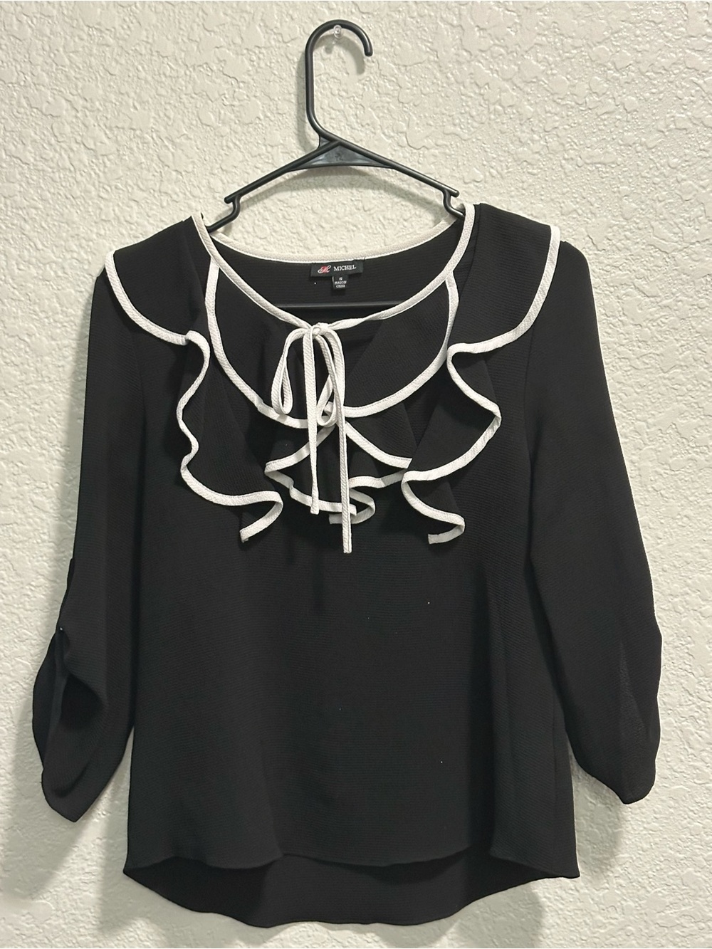 Michele Black Blouse with White Ruffle-Trim and Tie Neck